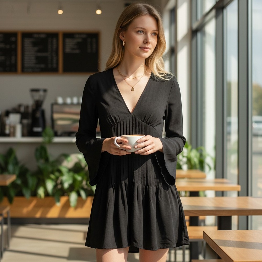 & Other Stories Mini Dress Womens 4 Black Very Good Pintuck Bell Sleeve V-Neck